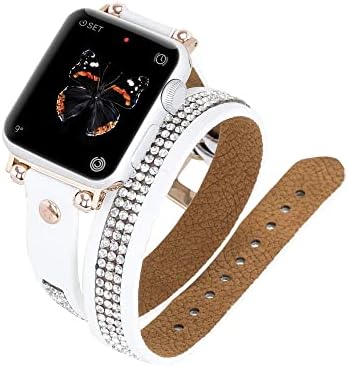 Venito Livorno Double Wrap Leather Slim Watch Band com strass compatíveis com Apple Watch 42mm, 44 mm, 45 mm, 49 mm para Apple Watch Series 1, 2, 3, 4, 5, 6, 6, 7, SE, 8, Ultra, Sport - White W /Conector de ouro rosa e fecho