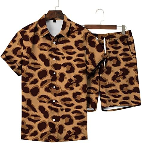 4zhuzi homens 2 peças roupas de verão estiloso leopardo estampado casual camisas havaianas camisetas e shorts de shorts de praia.