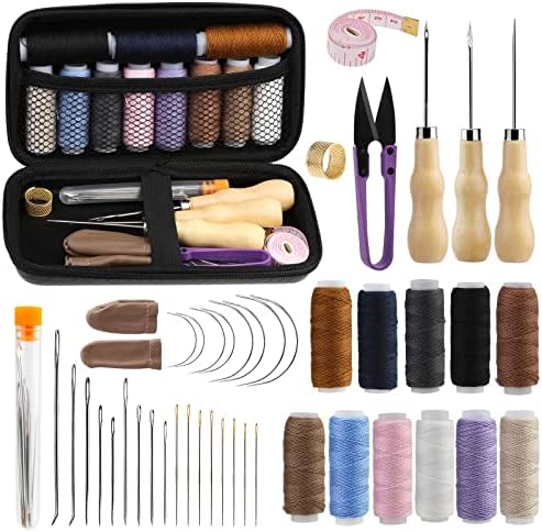 45 PCs Kit de reparo de estofados, kit de costura de couro com 11 cores de fios de costura, agulhas de estofamento, awl, fita métrica, kit de reparo de estofados de costura de couro para o artesanato de couro DIY