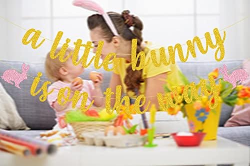Decorações de festa do chá de bebê do coelho, um pequeno coelho está a caminho de banner para a Páscoa da primavera com tema de gênero de gênero, suprimento de festa
