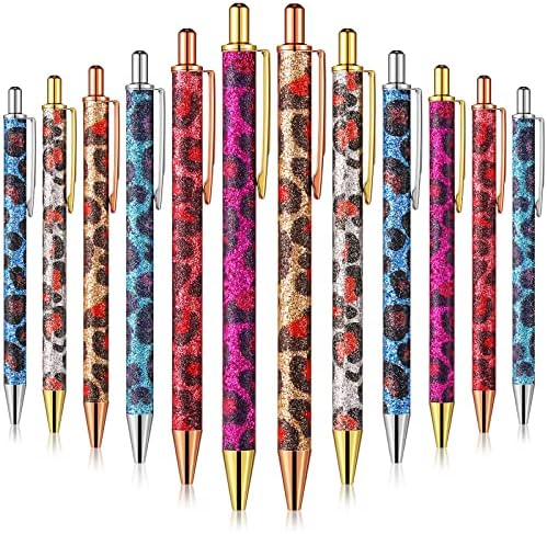 12 PCs Ballpons Canetas Glitter Leopard Metal Metal Pens retrátil caneta feminina Cute Black Ink Ponto médio de 1 mm Ponto fino canetas de escrita lisa para presente de escritório da escola