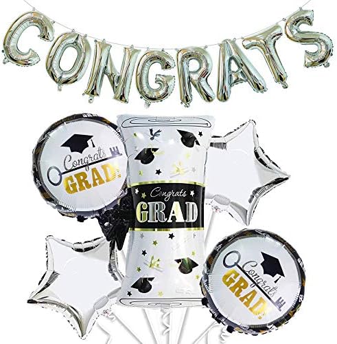 Buquê de balões de formatura + Banner de balão de cartas de parabéns | Classe de 2022 suprimentos para festas de pós -graduação | Diploma Key Star Grad Cap Decorações de balão | Black White & Silver Mylar Foil Pós -graduação Aderetes