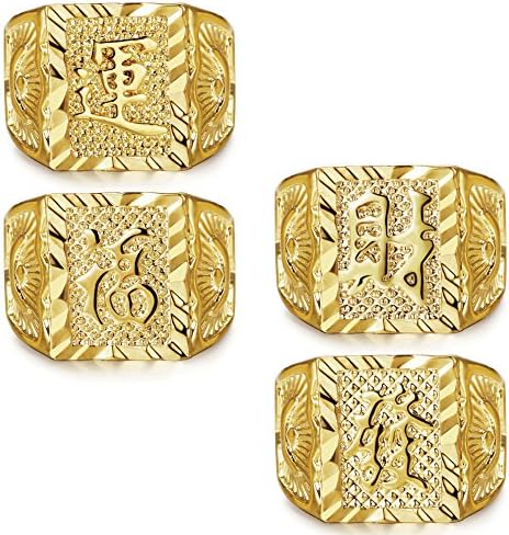 LOLIAS 4 PCS Men's Gold Plated Ring Ring Wedding Ring Kanji Rich/Luck/Wealth Ring Set ajustável