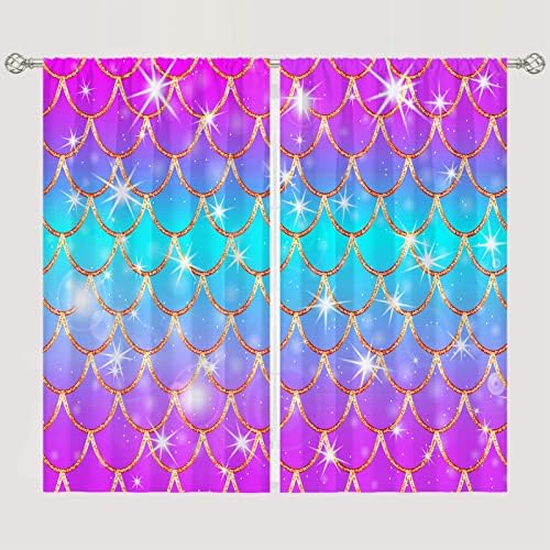 GYTMSS Mermaid escalas cortinas cortinas decorativas de bolso com peixes de peixe arco -íris colorido Padrão de impressão de microfibra