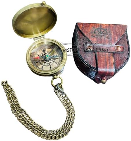 Náutico Antique Brass Bolso Bússola Marinha Maritain Compass w/ Caso de couro marrom