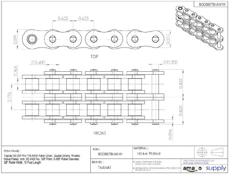 Tsubaki 50-2NPTWRB ANSI Chain Roller, fita dupla, rebitada, níquel, polegada, #50 ANSI No., 5/8 Pitch, 0,400 Diâmetro do rolo, largura do rolo de 3/8 , comprimento de 10 pés