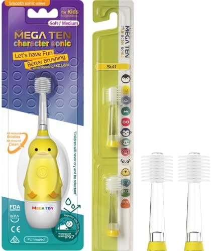 MEGA TEN TENDO 360 graus escova de dentes elétricos com luz LED | Pato + megaten kids 360 graus ultrassônicos de dentes elétricos escova de escova de cabeça macia 2ea