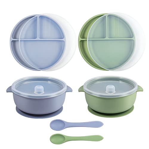 Baby Places Bowls com tampas - Silicone Mini Mat - Placemat Bowl com 2 colheres para auto -alimentação, de silicone de grau alimentar, lava -louças e cofre de microondas