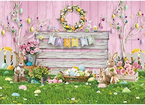 Maijoeyy 7x5ft cenário de páscoa de madeira rosa primavera cenário de páscoa floral para fotografia ovos de páscoa verde grama de páscoa decoração infantil recém -nascida partida de festas de festas de festas