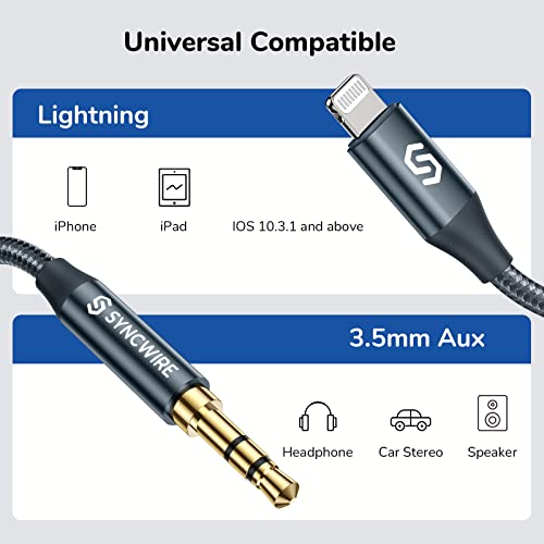 SyncWire Lightning para 3,5 mm, 3,3 pés, [Apple MFI Certified] Aux Cord for iPhone, estéreo de carro, compatível com o iPhone 14/13/12/11 pro max/pro/plus/mini/xr/xs/8 plus-grishish azul