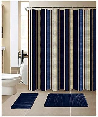 American Collection Coleção de 15 peças de 15 peças com 2 tapetes de banho de espuma de memória e cortina de chuveiro combinando | Padrões e cores de designer