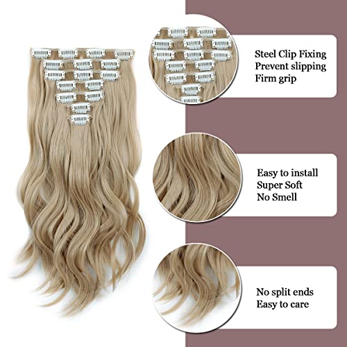 Clipe em extensões de cabelo ondulado longo 7 PCs Clipe invisível de grossa de peças de cabelo preto fibra sintética de cabeça completa para mulheres, 16 polegadas