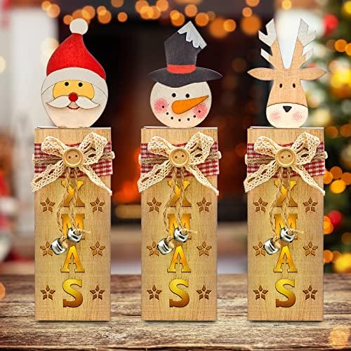 3 Pacote de christmas ornamentos de madeira LED Caixa de luz LED Papai Noel, boneco de neve, alces de madeira decorações de Natal com luz de madeira de madeira de Natal