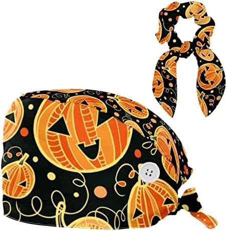 Cato fofo de Halloween com abóbora doodle animal de trabalho com botões de chapéu bouffante ajustável tampa de lavagem