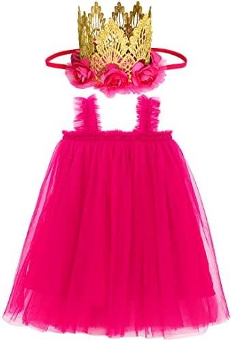 Vestido de tule de tule em camadas bgfks para garotas de criança, saia de princesa tutu tutu com renda coroa de flores rosa.