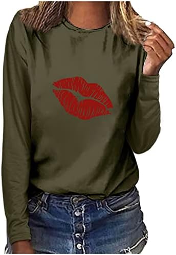 Lábios impressam tampos de manga longa para mulheres redondo túnica camisetas camisas casuais Blouses de moda Pullovers de