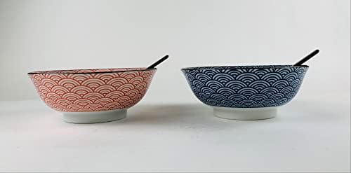 JapanBargain 4694, grandes tigelas de sopa de porcelana japonesa e conjunto de presentes de colheres, tigelas de ramen de padrões de gato de sorte, cor azul e rosa, conjunto de 2, feita no Japão, 36 onças