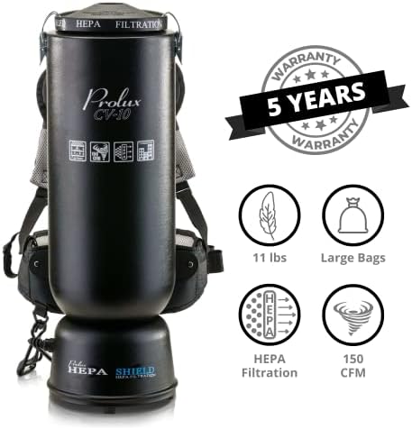 Vacuum comercial de mochila do prolux 10 quart com acessórios premium de 1,5 polegadas, filtração de ar HEPA, limpeza profunda para