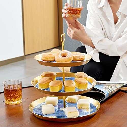 Suporte de bolo tfcocft, suporte de bolo de festa, bolo significa mesa de sobremesa, abstrô de engrenagens de flores retrô padrão azul