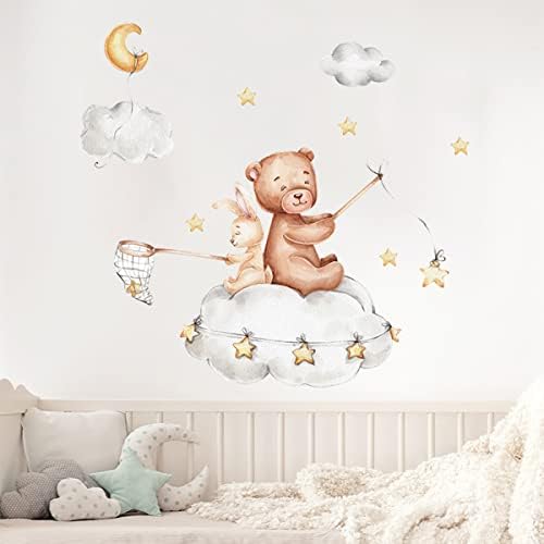 Urso fofo e coelho na decoração de berçário de nuvens Urso e coelho com estrelas de nuvens Decalques de parede adesivos