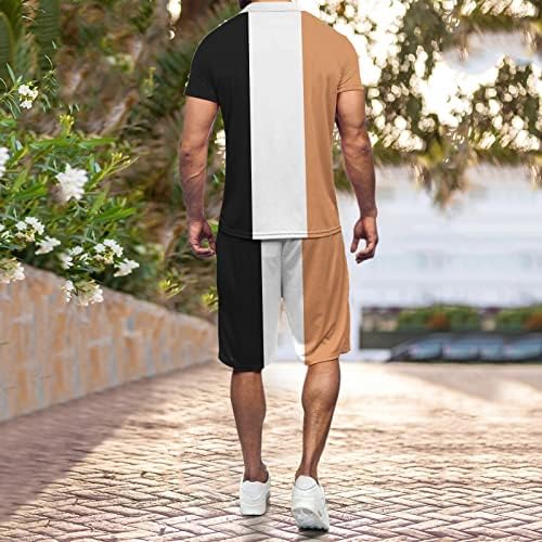 Masculino shorts casuais de verão conjuntos de manga curta camiseta muscular e traje esportivo curto bloco colorido de trajes de
