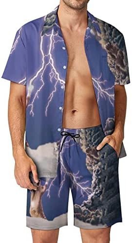 Thunderbolt gato homem 2 peças havaian definir botão de manga curta camisas de praia