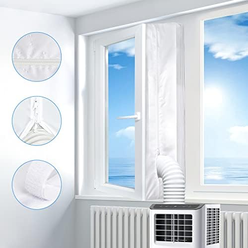 Vedação de janela universal GruntBear para ar condicionado portátil, kit de vedação portátil de janela CA, guardas de troca de ar de ar quente com zíper e fixador adesivo funciona com secador de tumble