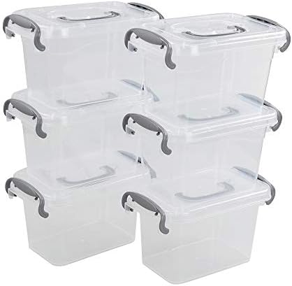 DeHouse Clear plástico/caixas com alça cinza, mini organizador de caixa de armazenamento de plástico, 6-pacote, 1,5 litro