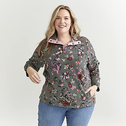 Vera Bradley Snap Feminina Snap Collar Fleece Pullover Sweetshirt com bolsos
