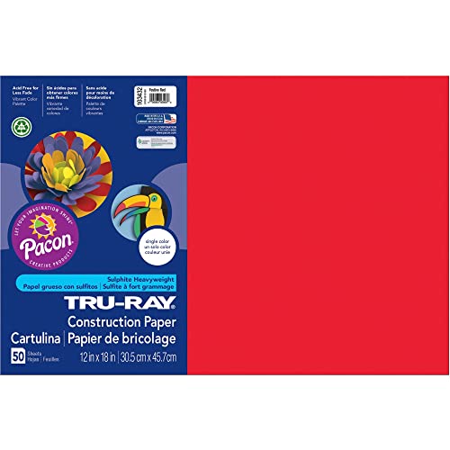 Papel de construção de pesos pesados ​​do Pacon Tru -Ray, vermelho festivo, 12 x 18, 50 folhas e - 103061 Sulfito