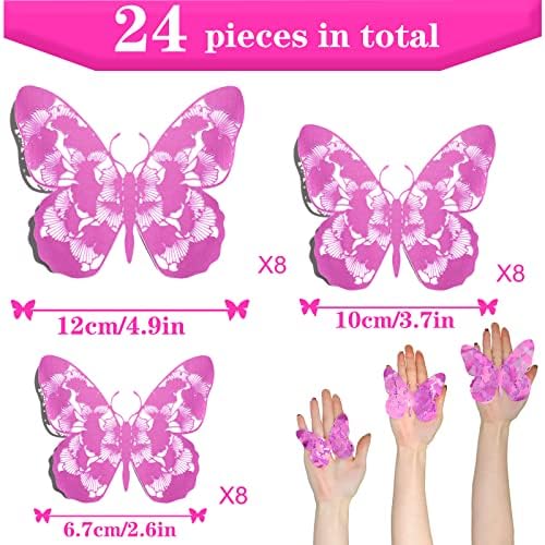 24 PCs 3d Rosa Decoração de borboletas vermelhas de borboletas decoração de parede, 6 padrões 3 tamanhos decorações de festas de borboleta adesivos de borboleta decorações de bumbo de borboleta de papel de borboleta para decoração