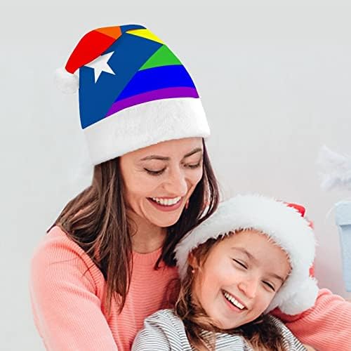 Gay orgulhoso bandeira porto rico chapéu de Natal Papai Noel Hats Plush curto com punhos brancos para homens Mulheres