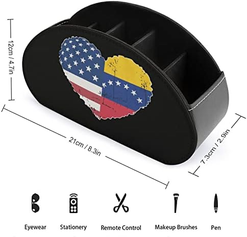 Venezuela USA Flag Heart Remote TV Control Titular PU Organizador de caixa de armazenamento de couro com 5 compartimentos para escritório de mesa
