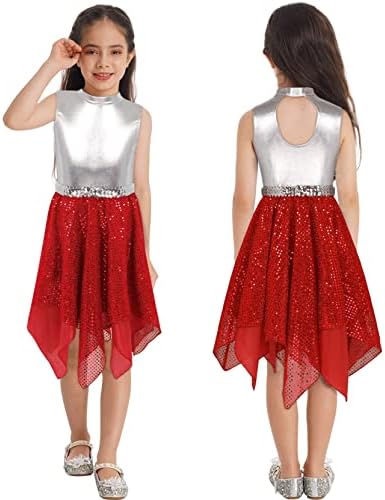 Winchang Kids Girls Liturgical Loused Dance Dress Dress Color Block Block sem mangas Túnica de fantasia de dança contemporânea