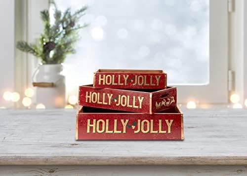 Demdaco Holly Jolly Red e Amarelo 18 polegadas Fir Wood Wood Christmas Set de 3
