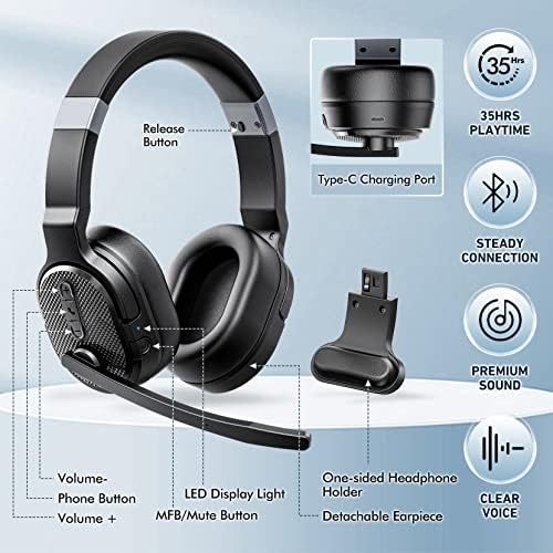 Cosmusis Bluetooth Headphones Over-Ear Headsets sem fio fones de ouvido Bluetooth w/Bass Deep, 35hrs Playtime, Modo único ou duplo destacável para escritório/casa, fone de ouvido com ruído cancelando microfone