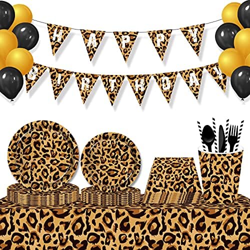 Suprimentos para festas de leopardo, decoração de aniversário temática Conjunto de decorações inclui pratos, pratos de sobremesa,