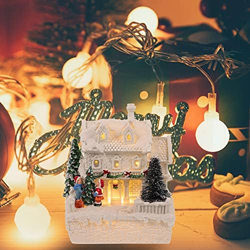 AMOSFUN Natal Luminous House Decoração Resina Desktop Ornamento Coleção de Christmas Village Prop Decorativo Decoração da