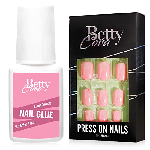 Bettycora Pressione curta em unhas com pincel forte no pacote de cola de unhas, 24 PCs Gel Gel Glitter Press