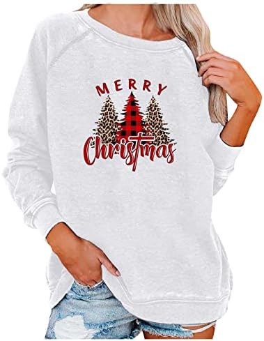 Camisas de Natal femininas Moda 2023 Ano Novo Crewneck Sleeve Sweater Disturd Sweater Tops de árvores xases xadrez