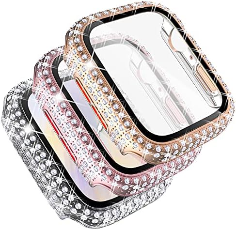 Fullife Vife 3-Pack Crystal Diamond Bling Casos compatíveis com pára-choques protetores de 40 mm de 40 mm com protetor de vidro temperado para a série Iwatch 6 5 4 SE, rosa/rosa/transparente