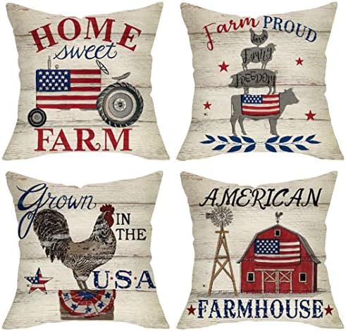 FJFZ 4 de julho American Flag Decorativo Tampa de travesseiro 20x20 Conjunto de 4, Patriótico America Farm USA Farmhouse