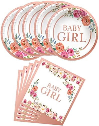 Placas e guardanapos de chá de bebê HQYYBF, 20 pratos de papel floral rosa e 20 guardanapos de papel alumínio de ouro rosa,