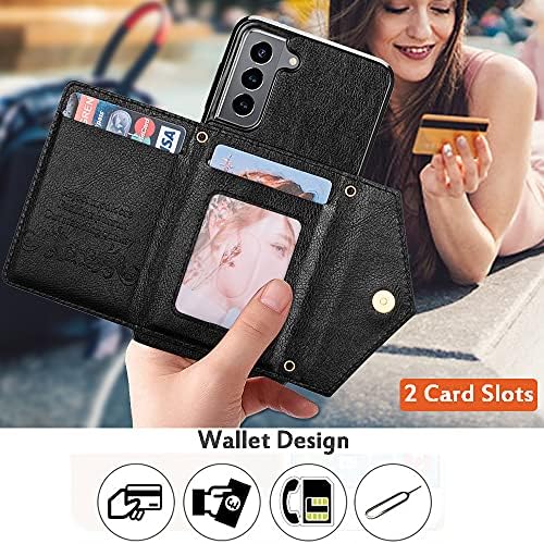 Caixa da carteira Kudex para Samsung Galaxy S21 5G 6,2 polegadas com cinta de corpo cruzado, capa de bolsa de flip de couro magnético flip de envelope com suporte de bolso com zíper para mulheres para mulheres