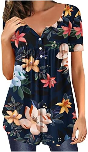 Blusa do lounge para feminino Boat de manga curta Henley pescoço videira floral estampa de túnica manchada Tops Bustier