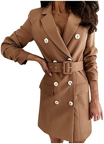 Jaqueta de casaco de peito duplo feminino vestido de cinto de manga longa de cor sólida de comprimento médio jaqueta de inverno