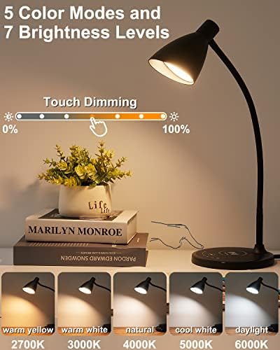 Lâmpadas de mesa de Kaisnova para escritório em casa, 15W 60 lâmpada de mesa LED com carregador sem fio, 5 cor e 7 níveis de