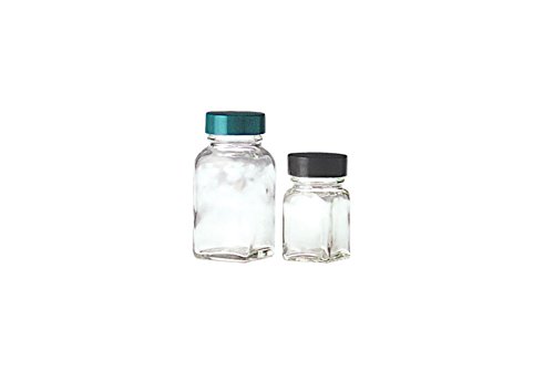 Qorpak GLC-01277 garrafa de comprimido quadrado de vidro transparente com 33-400 tampa de policona fenólica preta, capacidade de 1 oz, 34 mm de altura x 60mm de altura