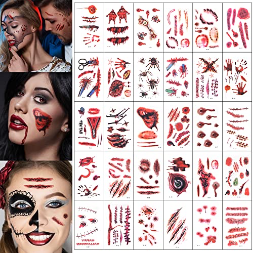 30 folhas Halloween Tattoos Tatuagens Zombie Falsas Cicatrizes Falsas com Fake Blood Blood Impermeável