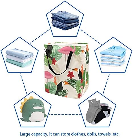 Cesto de lavanderia de kapotofu com alça, folhas tropicais pássaros fundo cesto de armazenamento de algodão grande colapsável para roupas